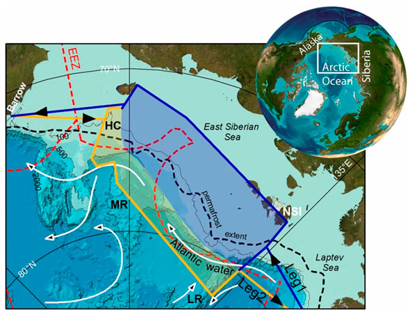 Preliminary cruise plan and study areas of Leg 1 and 2. EEZ=Exclusive Economic Zone; LR=Lomonosov Ridge; MR=Mendeleev Ridge; HC=Herald Canyon; NSI=New Siberian Islands.